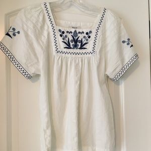 Madewell Blue and White Embroidered Top